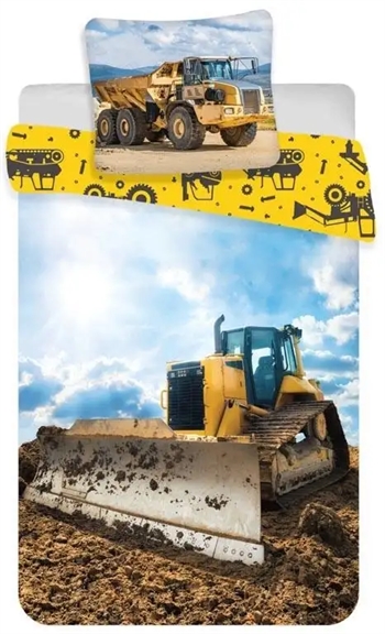 Billede af Junior sengetøj 100x140 cm - Bulldozer - sengesæt med 'gravemaskine' - 2 i 1 design - 100% bomuld hos Shopdyner.dk